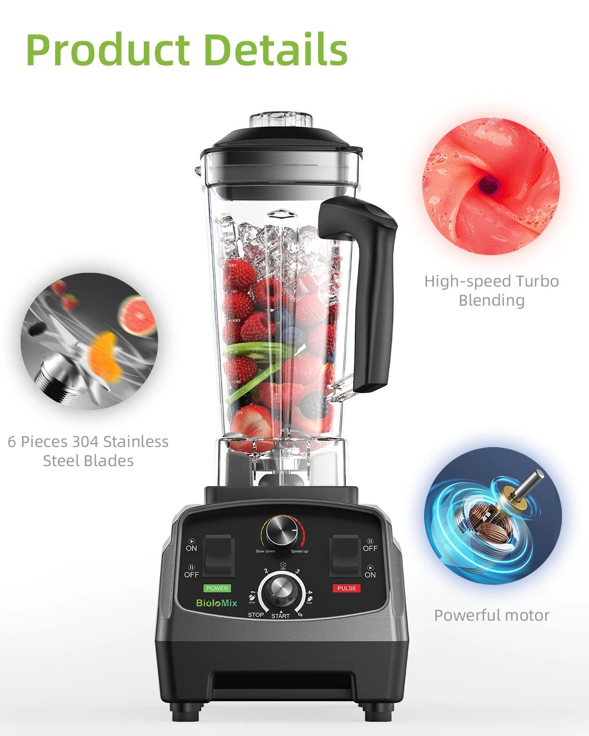BioloMix 3HP 2200W Heavy Duty Commercial Grade Timer Blender Mixer Juicer Fruit Food Processor Ice Smoothies BPA Free 2L Jar - Image 2